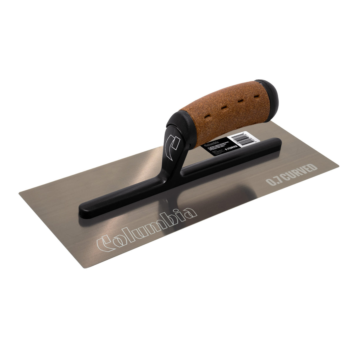 12-inch Pro Flex Columbia Curved Blade Finishing Trowel with rounded corners, brown stainless steel blade, black aluminum bar, and cork handle