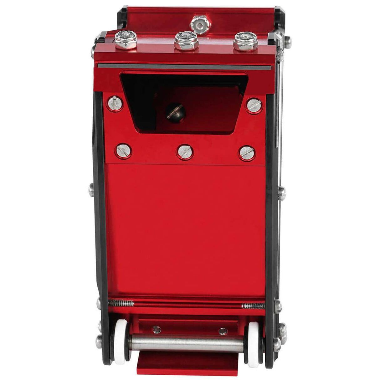 Front of 2-inch Level 5 Nailspotter with red stainless steel body, black side panels, white wheels, and filler hole