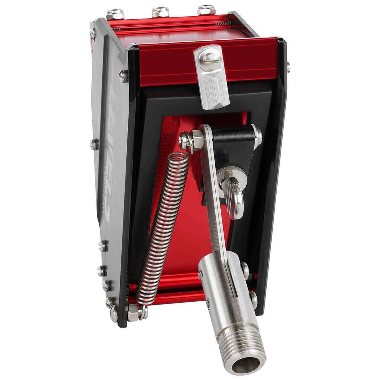 Back of 2-inch Level 5 Nailspotter with red stainless steel body, black side panels, black gasket, and steel handle