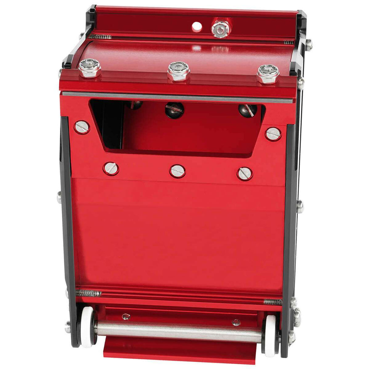Front of 3-inch Level 5 Nailspotter with red stainless steel body, black side panels, white wheels, and filler hole