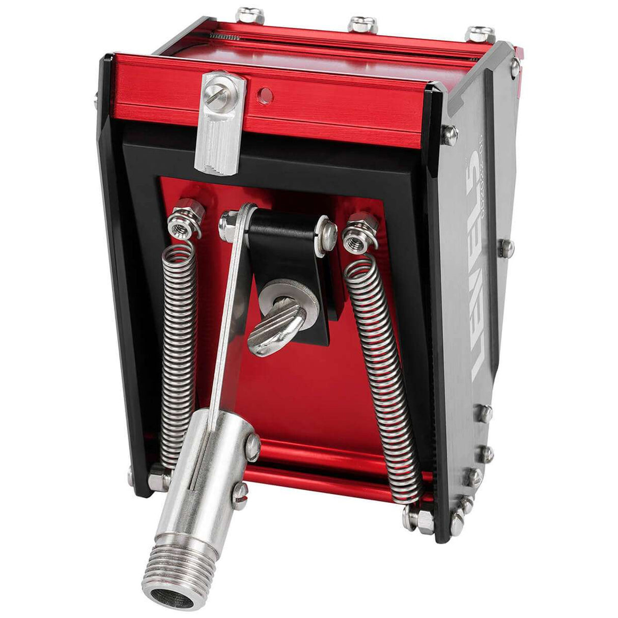 Front of 3-inch Level 5 Nailspotter with red stainless steel body, black side panels, white wheels, and filler hole