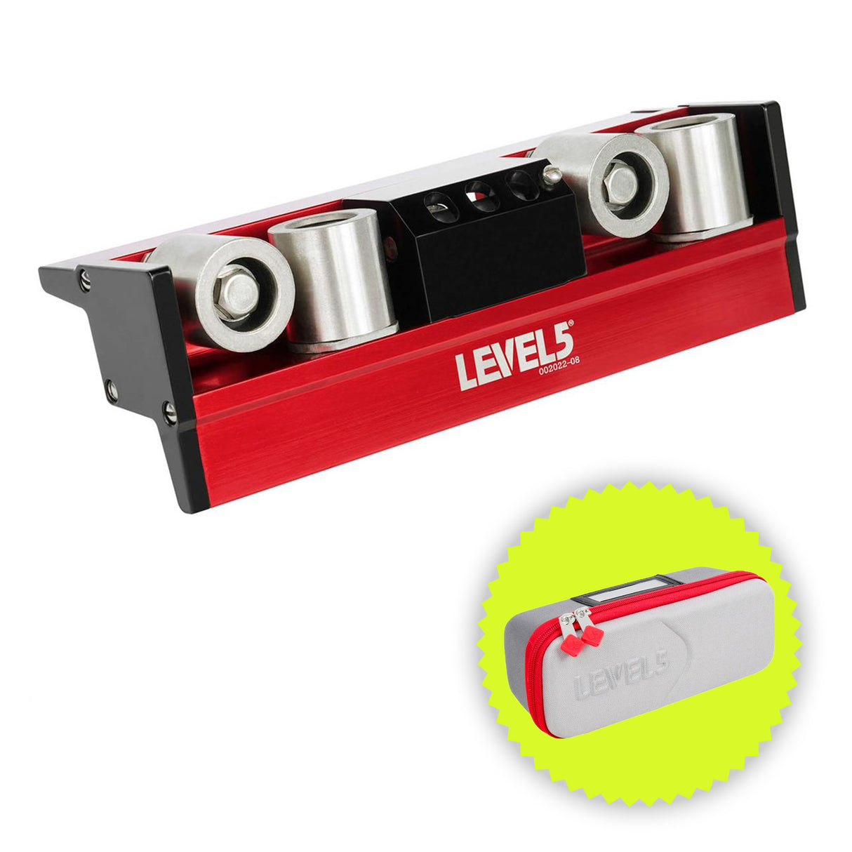 Level 5 Corner Roller with red aluminum body and black side plates, nylon bearings, and bonus carrying case