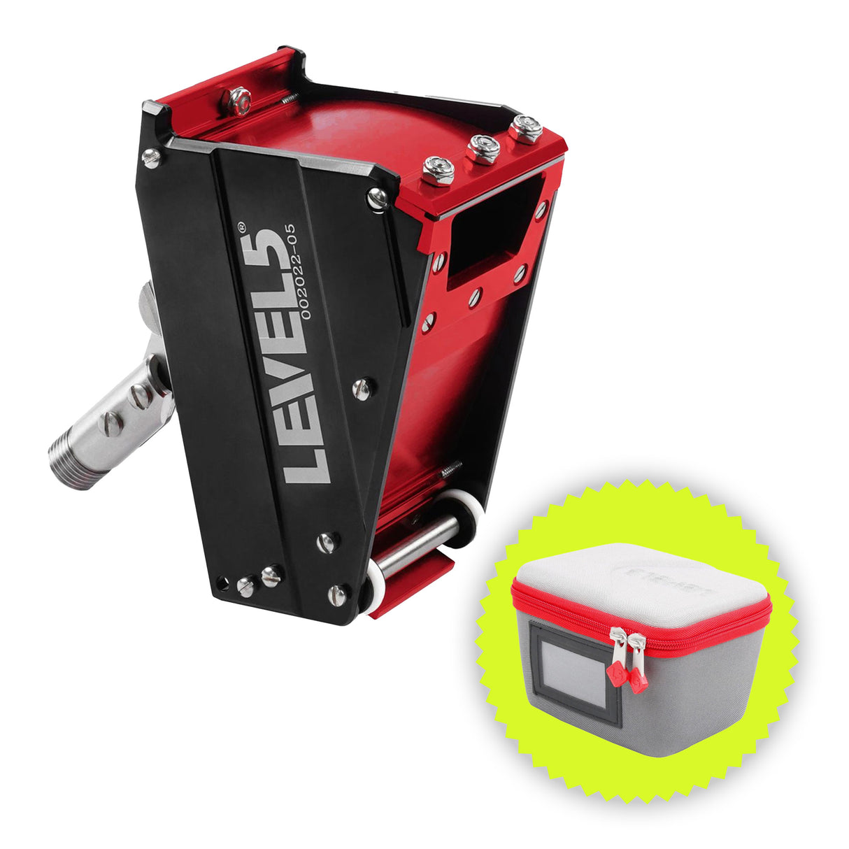 2-inch Level 5 Nail Spotter with red steel body, black side panels, white wheels, and a bonus carrying case