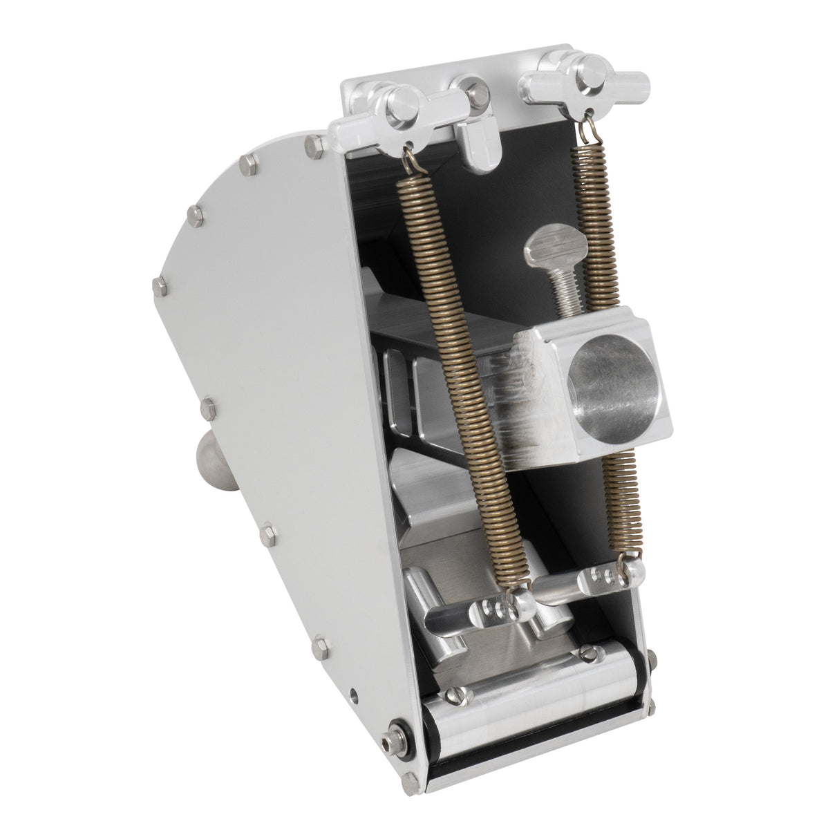 7-inch Columbia Throttle Box made from billet aluminum and steel components, featuring a threaded steel ball, springs, and black details, back view