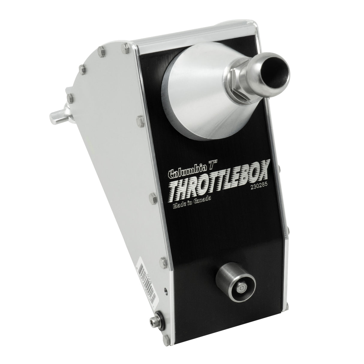 7-inch Columbia Throttle Box made from billet aluminum and steel components, featuring a threaded steel ball, springs, and black details, front view