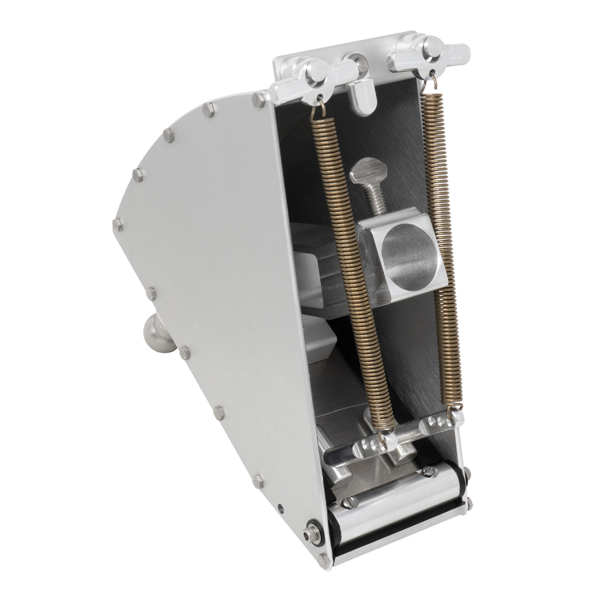 8-inch Columbia Throttle Box made from billet aluminum and steel components, featuring a threaded steel ball, springs, and black details, back view