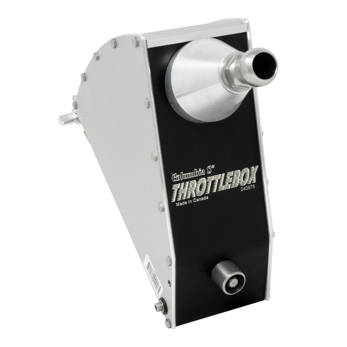 8-inch Columbia Throttle Box made from billet aluminum and steel components, featuring a threaded steel ball, springs, and black details, front view