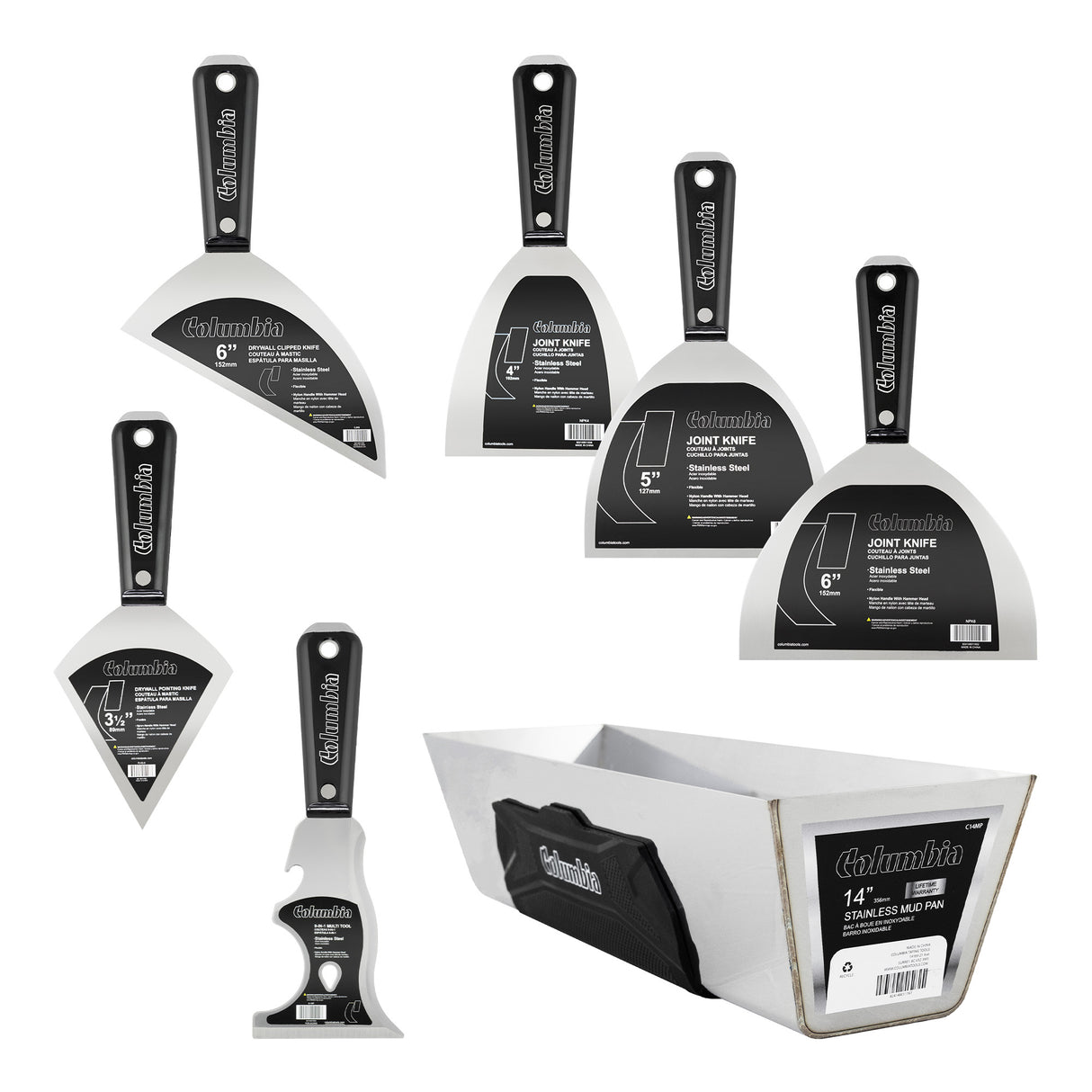 Columbia hand tool set with joint knives, mud pan, clipped knife, pointed knife, and multi-tool, made of stainless steel with black nylon handles