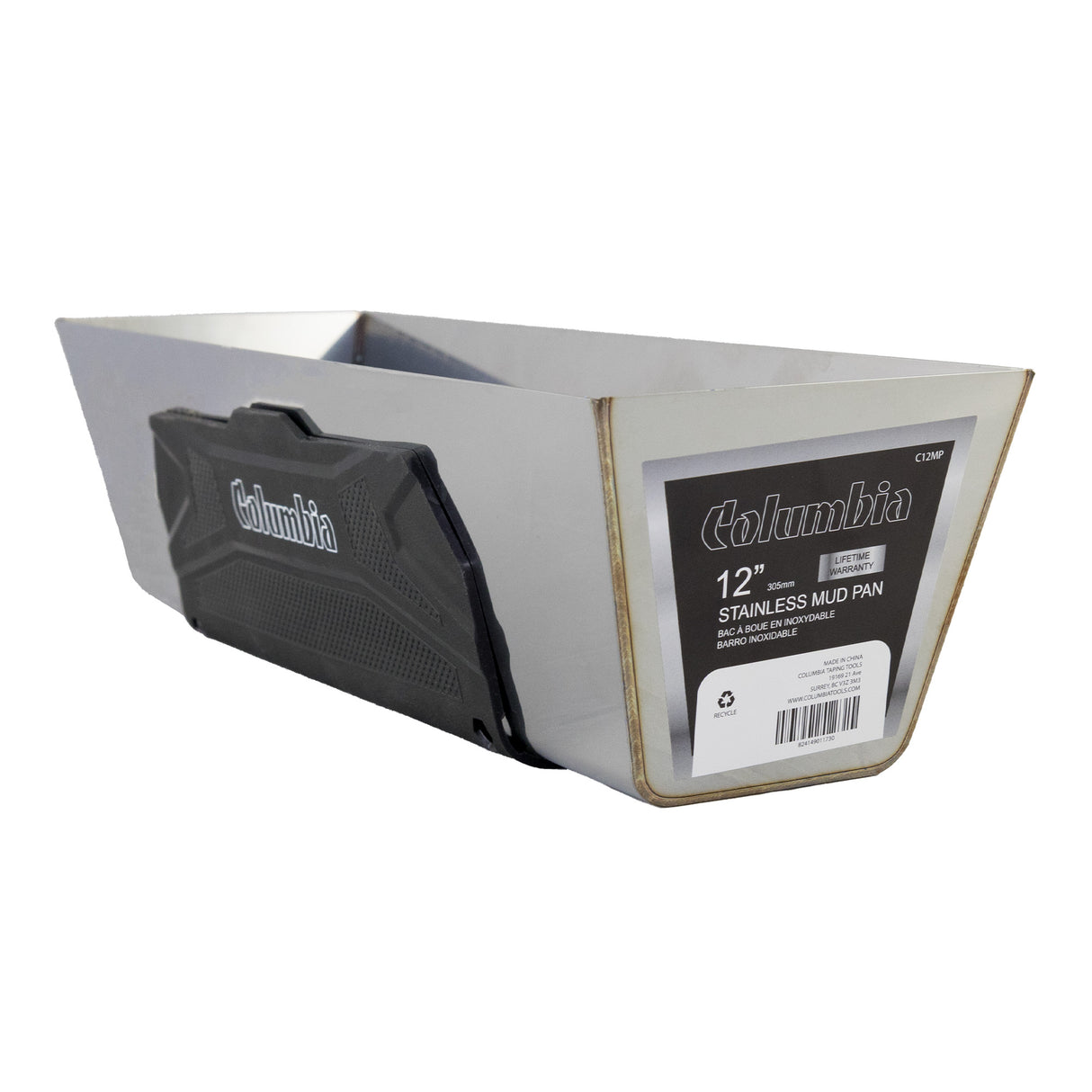 12-inch heavy-gauge stainless steel Columbia Mud Pan with laser-welded seams and a black soft non-slip rubber grip