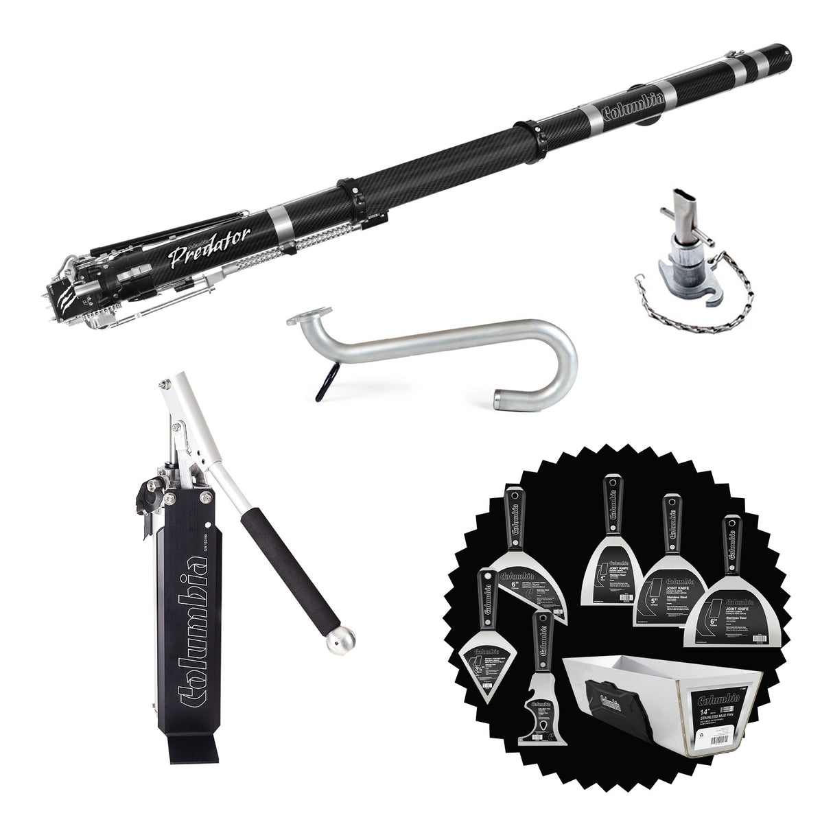 Columbia Predator automatic taping set including automatic taper, mud pump, box filler, gooseneck, and bonus hand tools