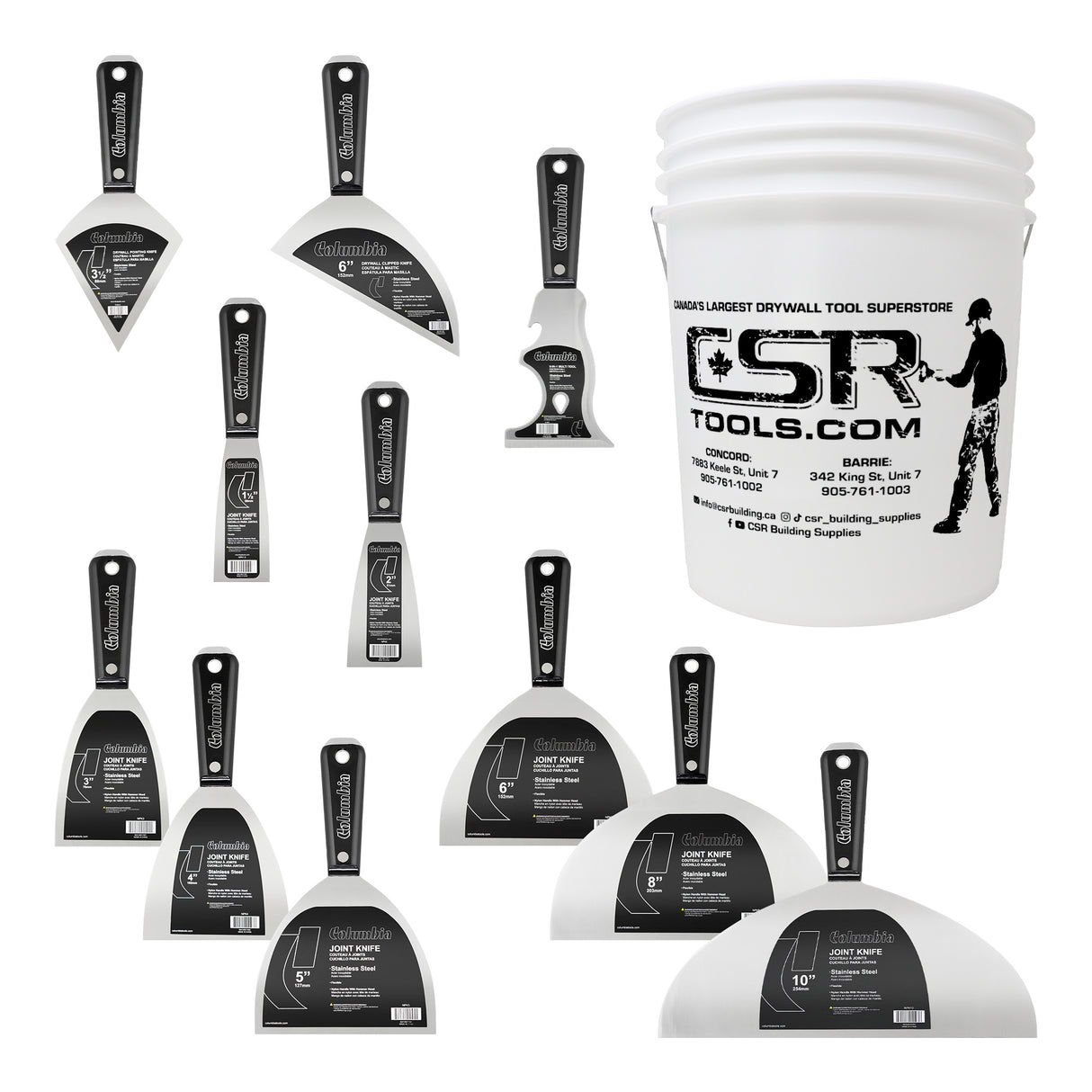 Columbia hand tool set including 8 stainless steel joint knives with black nylon handles and a white 5-gallon bucket