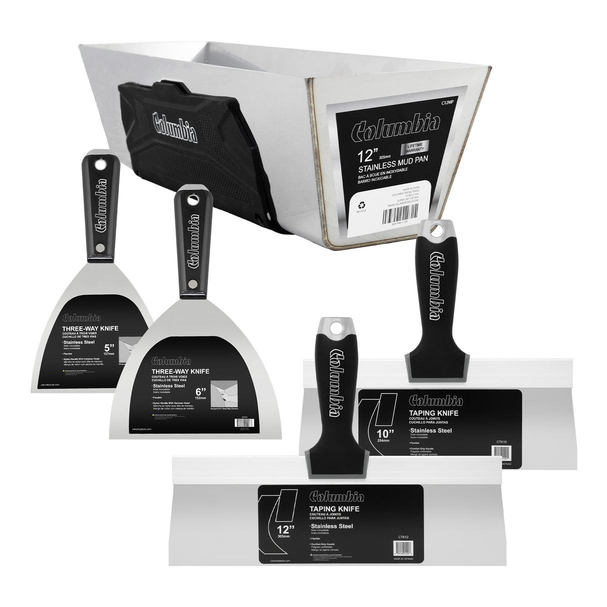 Columbia stainless steel hand tool set including 5-inch and 6-inch 3-way knives, 10-inch and 12-inch taping knives, and mud pan