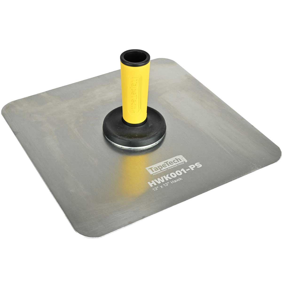 13-inch TapeTech Aluminum Hawk with aluminum plate, rounded corners, and yellow rubber handle, left side