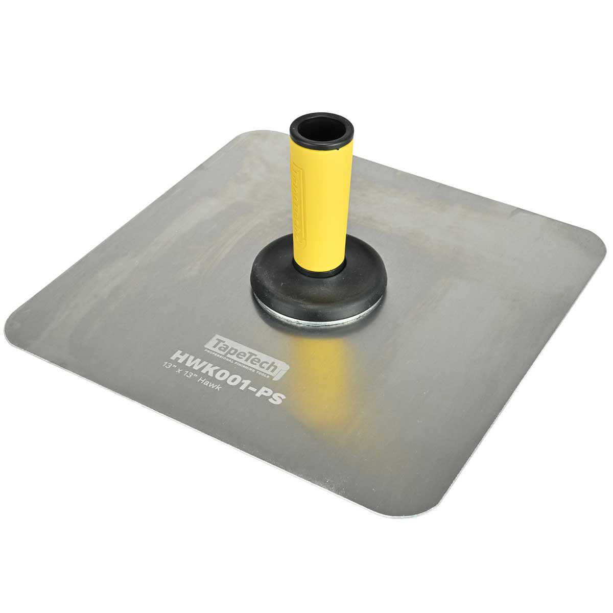 13-inch TapeTech Aluminum Hawk with aluminum plate, rounded corners, and yellow rubber handle, right side