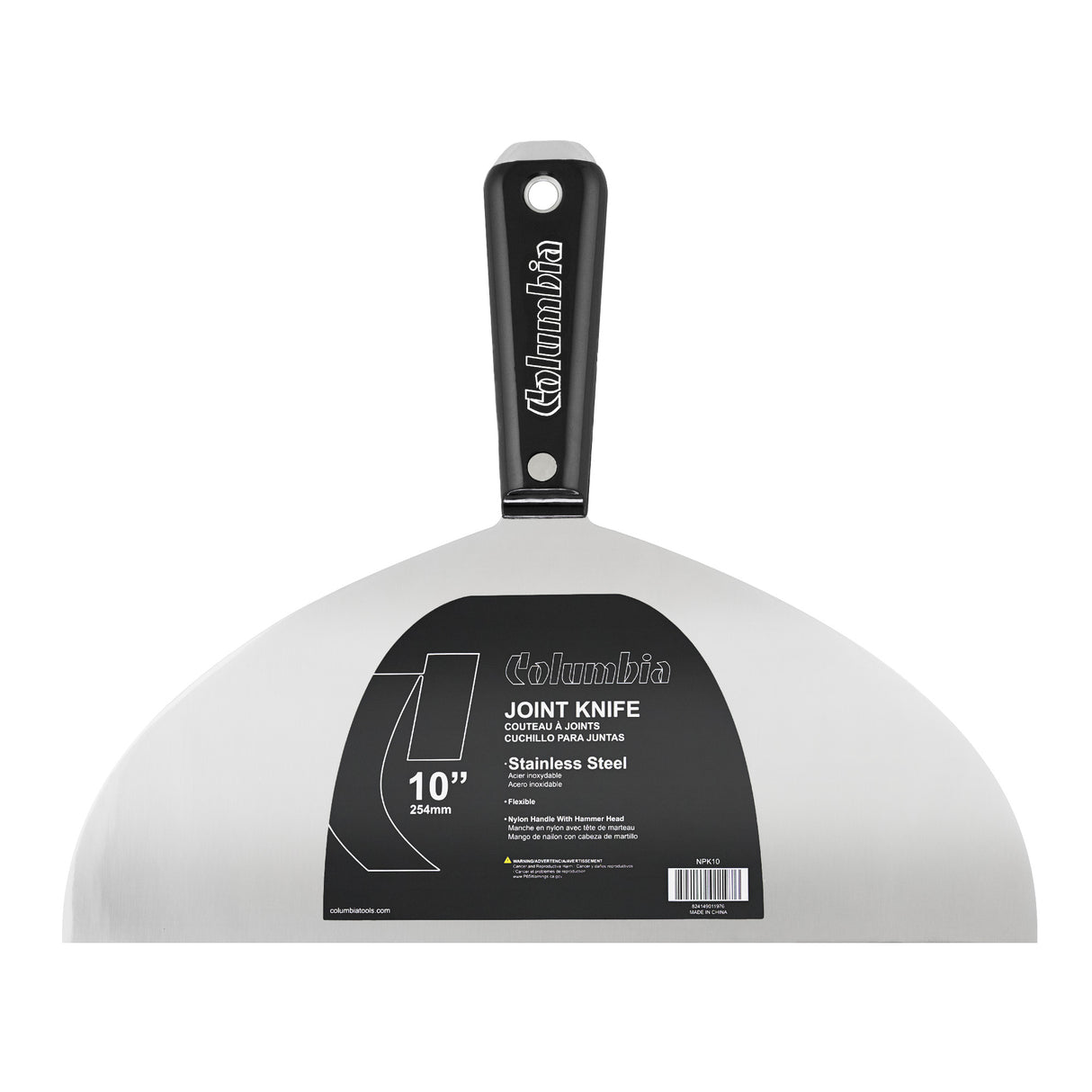 10-inch Columbia Joint Knife with stainless steel blade and black nylon handle with steel hammer head