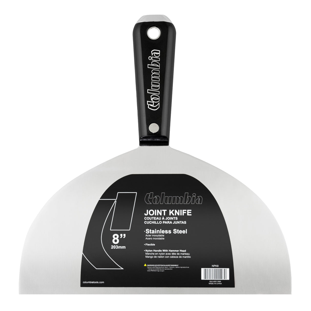 8-inch Columbia Joint Knife with stainless steel blade and black nylon handle with steel hammer head