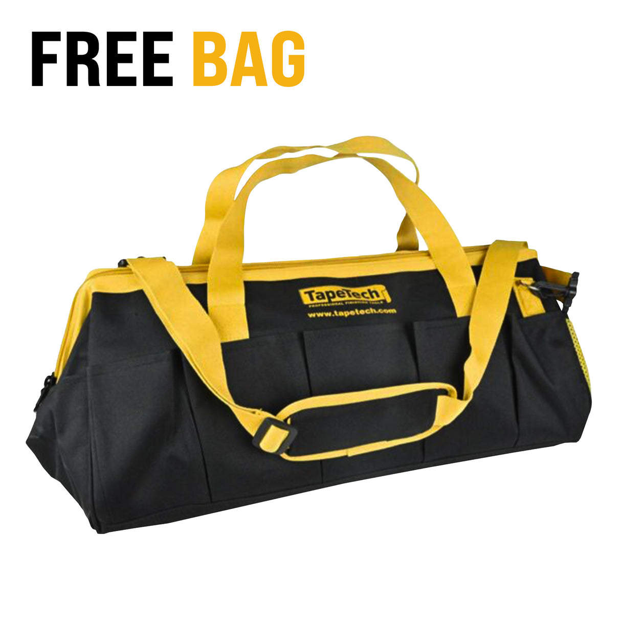 Black 22-inch TapeTech Gate Mouth Utility Bag with yellow handles, shoulder strap, and zipper, quarter view