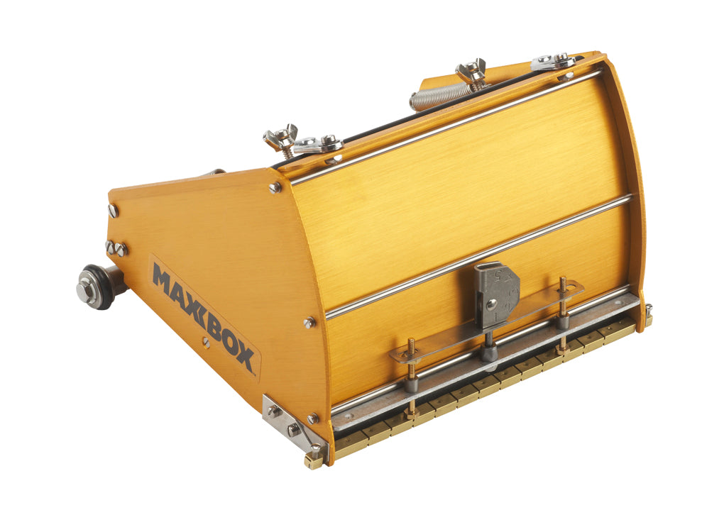 7-inch TapeTech MAXXBOX Extra High Capacity Flat Box with gold aluminum body, brass blade holder, and crown control