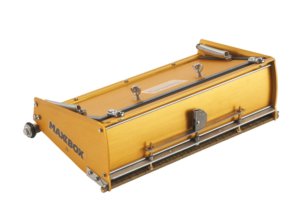 12-inch TapeTech MAXXBOX Extra High Capacity Flat Box with gold aluminum body, brass blade holder, and crown control