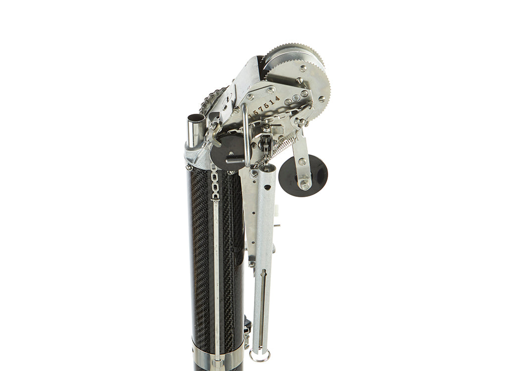 Close-up of TapeTech 07TT-C EasyClean Carbon Fiber Automatic Taper head with stainless steel cutting blade and black creaser wheel, right side