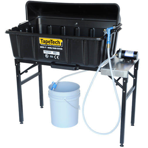 TapeTech Mobile Wash Station with a black wash basin on a black steel table, hose and sprayer, and a white bucket underneath