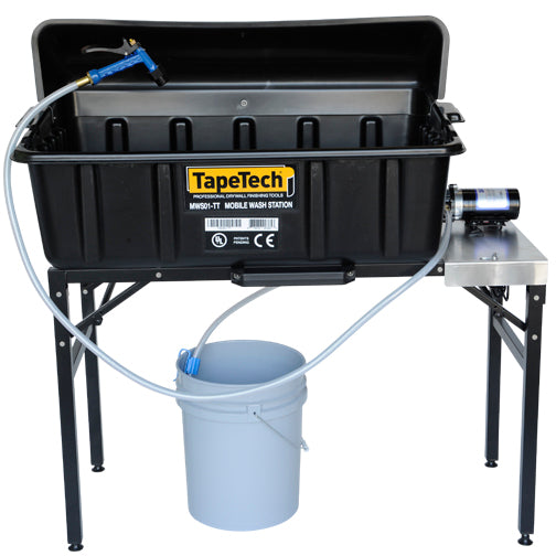 TapeTech Mobile Wash Station with a black wash basin on a black steel table, hose and sprayer, and a white bucket underneath