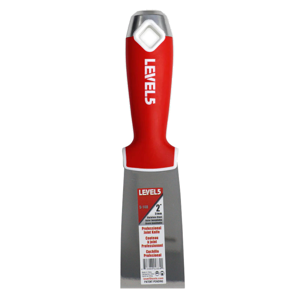2-inch Level 5 Stainless Steel Joint Knife with steel blade, red soft-grip handle, metal hammer end, and hang hole