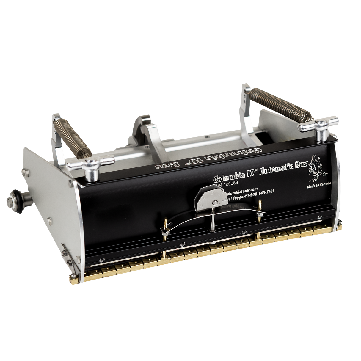 10-inch Columbia Automatic Flat Finishing Box made from billet aluminum with a black painted finish, steel components, a brass blade holder, and wheels