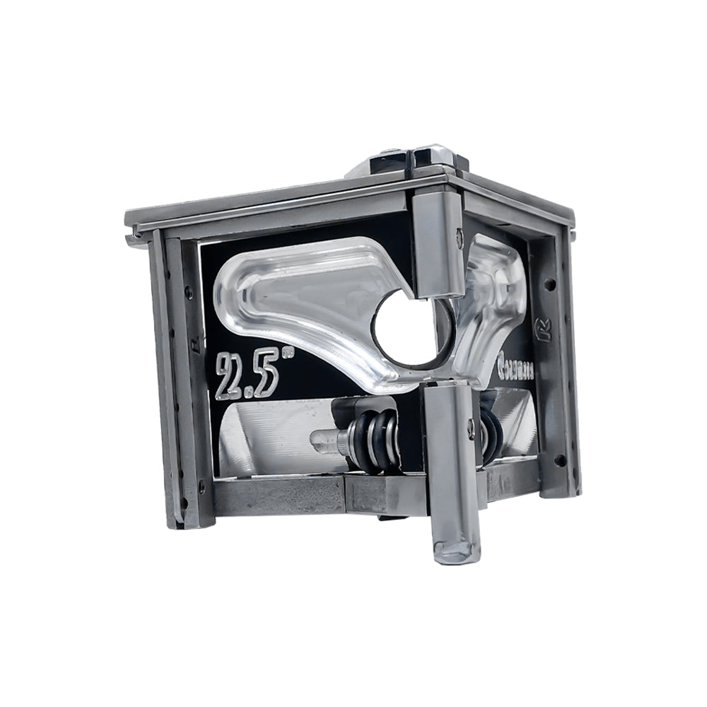 2.5-inch Columbia Angle Head in anodized gunmetal grey, made from solid billet aluminum with stainless steel wings and a black painted body, quarter view