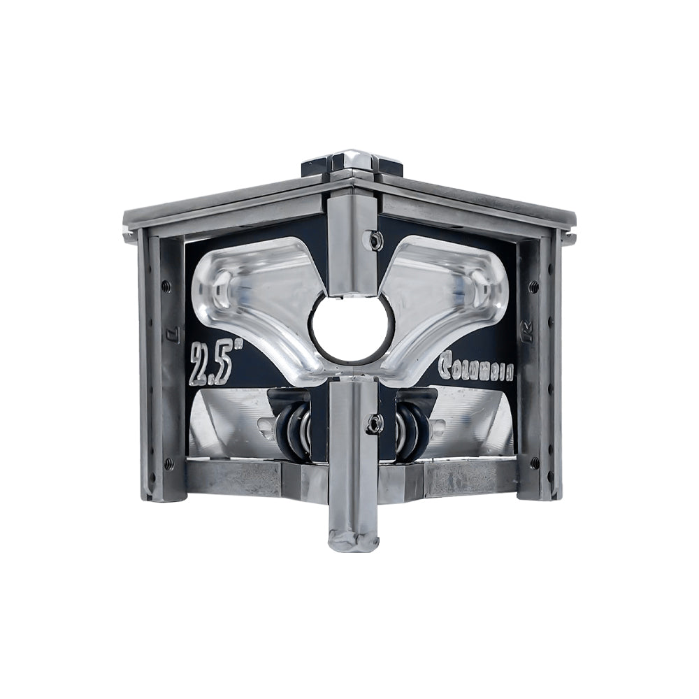 2.5-inch Columbia Angle Head in anodized gunmetal grey, made from solid billet aluminum with stainless steel wings and a black painted body, front view