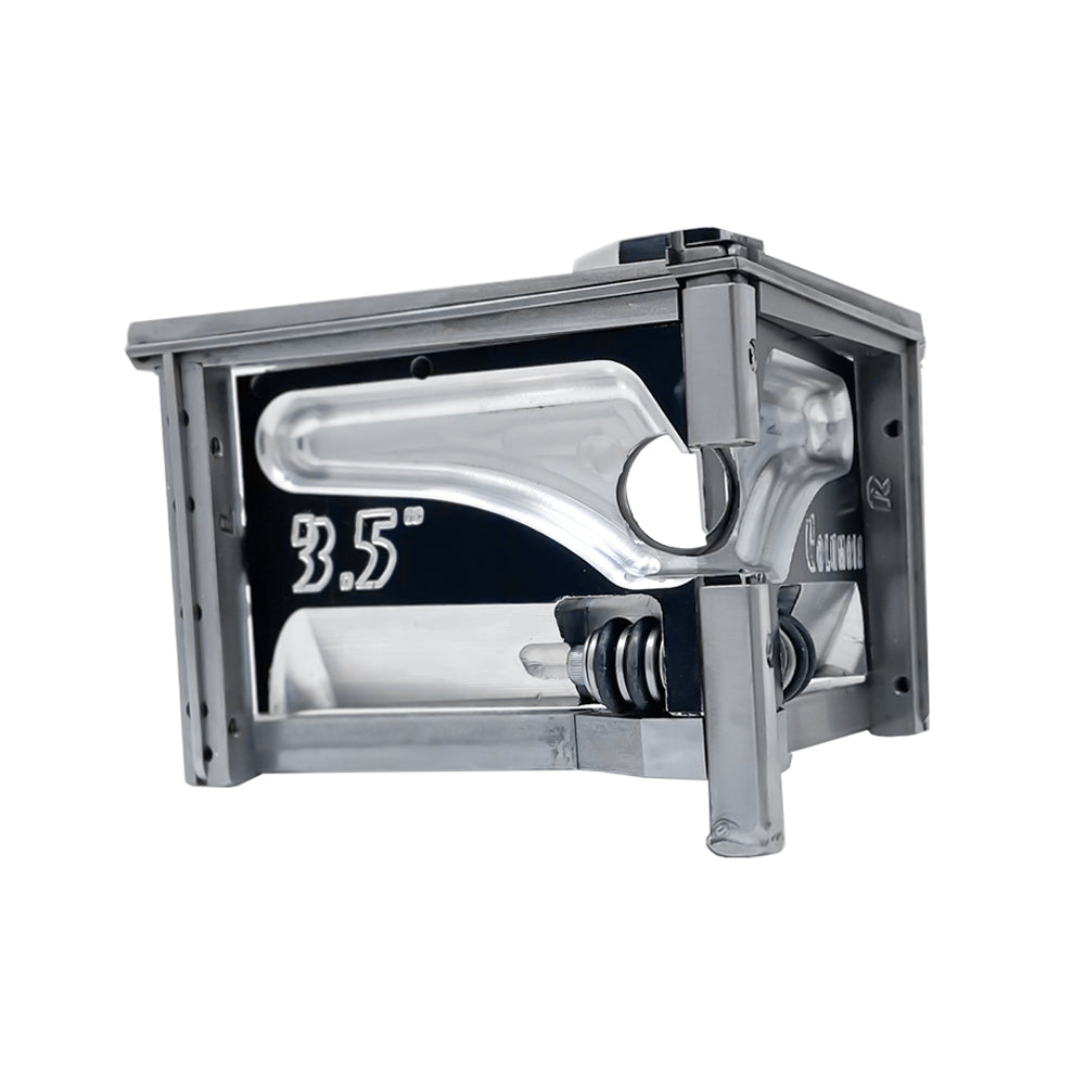 3.5-inch Columbia Angle Head in anodized gunmetal grey, made from solid billet aluminum with stainless steel wings and a black painted body, quarter view