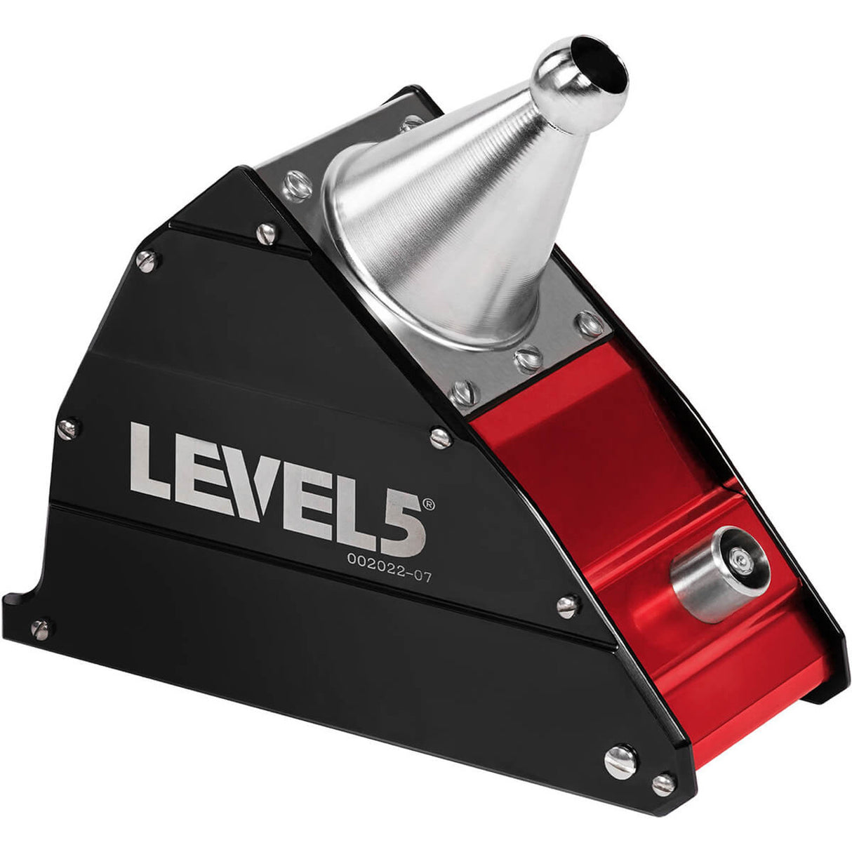7-inch Level 5 Corner Applicator with red and black aluminum housing and a steel cone, left side