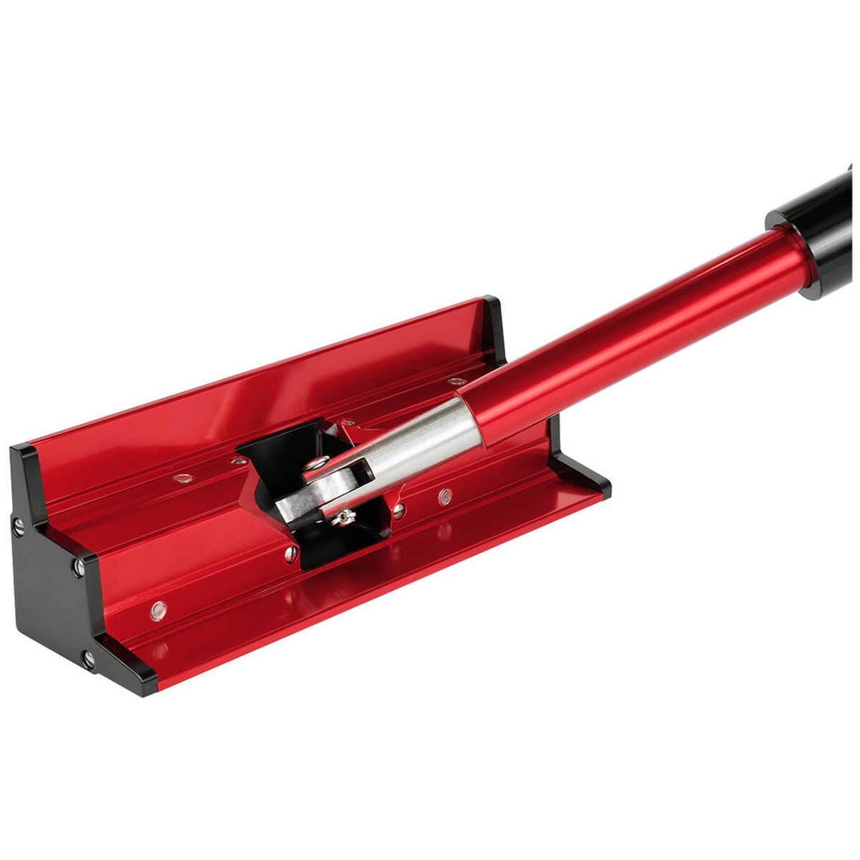 Level 5 Corner Roller with red aluminum body and black side plates attached to a red Level 5 Corner Roller Handle, back view