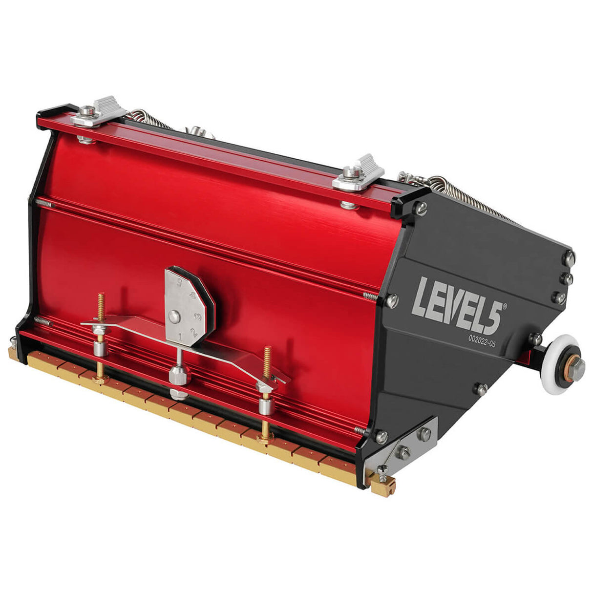 7-inch Level 5 MEGA Flat Box with red aluminum housing, black side panels, brass blade holder, and white rubber wheels, right side