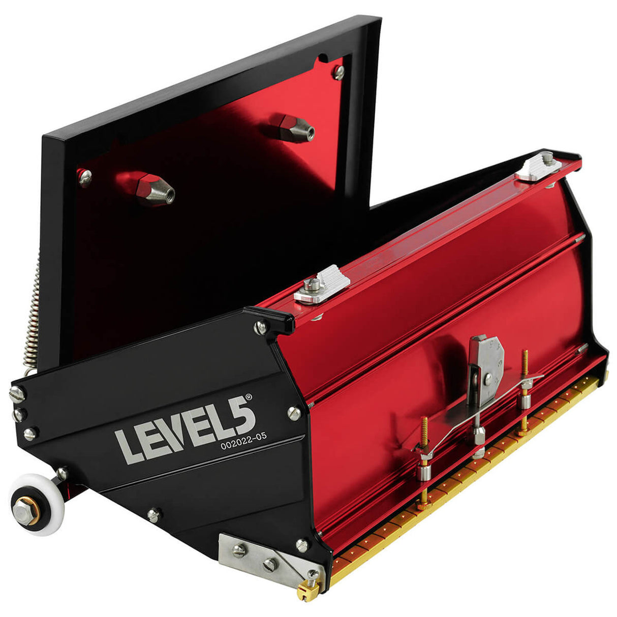 Open 10-inch Level 5 MEGA Flat Box with red aluminum housing, black side panels, brass blade holder, and white rubber wheels