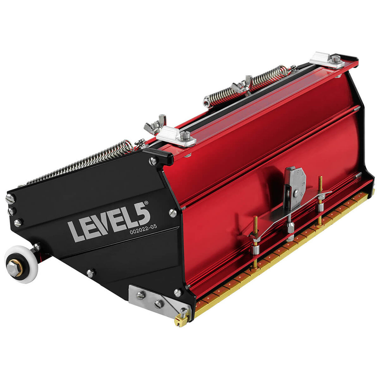 10-inch Level 5 MEGA Flat Box with red aluminum housing, black side panels, brass blade holder, and white rubber wheels