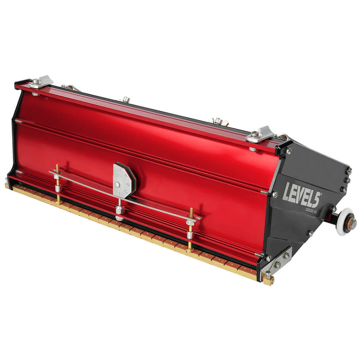 12-inch Level 5 MEGA Flat Box with red aluminum housing, black side panels, brass blade holder, and white rubber wheels, right side