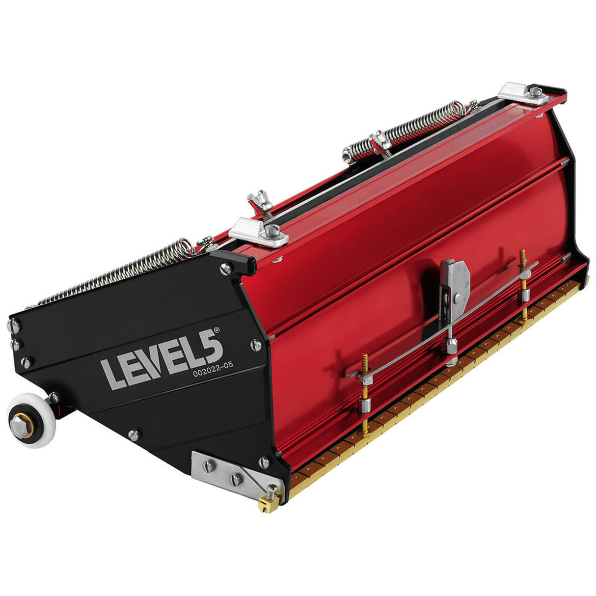 12-inch Level 5 MEGA Flat Box with red aluminum housing, black side panels, brass blade holder, and white rubber wheels