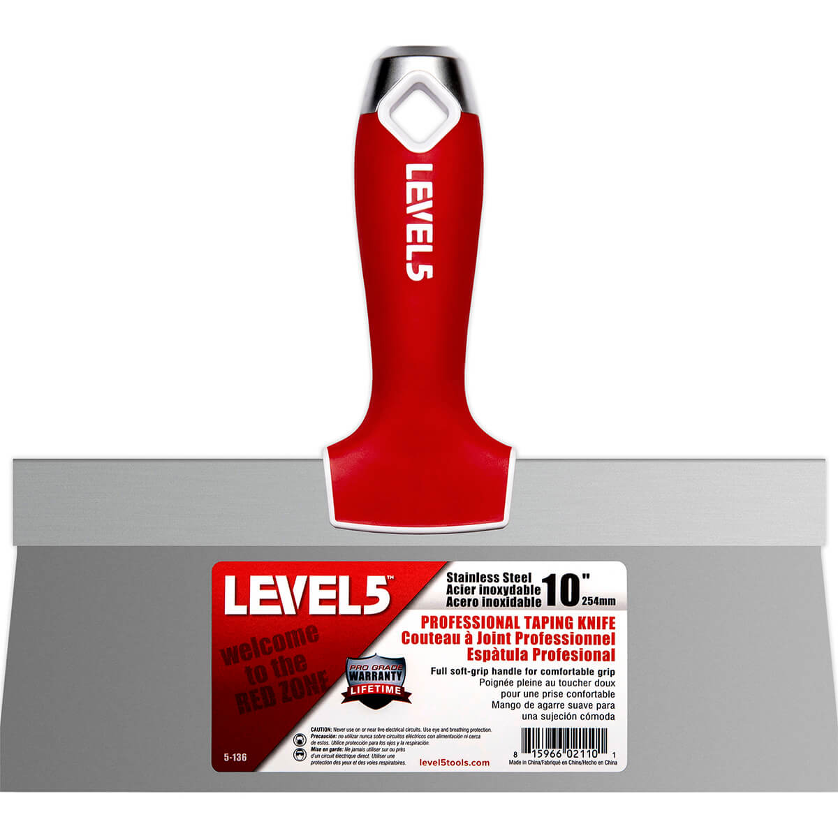 10-inch Level 5 Stainless Steel Taping Knife with steel blade, red soft-grip handle, metal hammer end, and hang hole