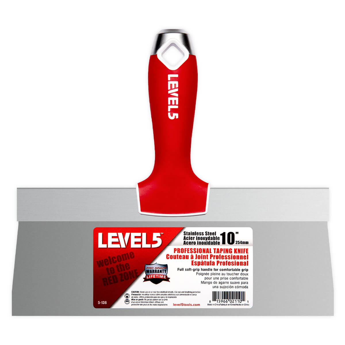 10-inch Level 5 Stainless Steel Taping Knife with steel blade, red soft-grip handle, metal hammer end, and hang hole