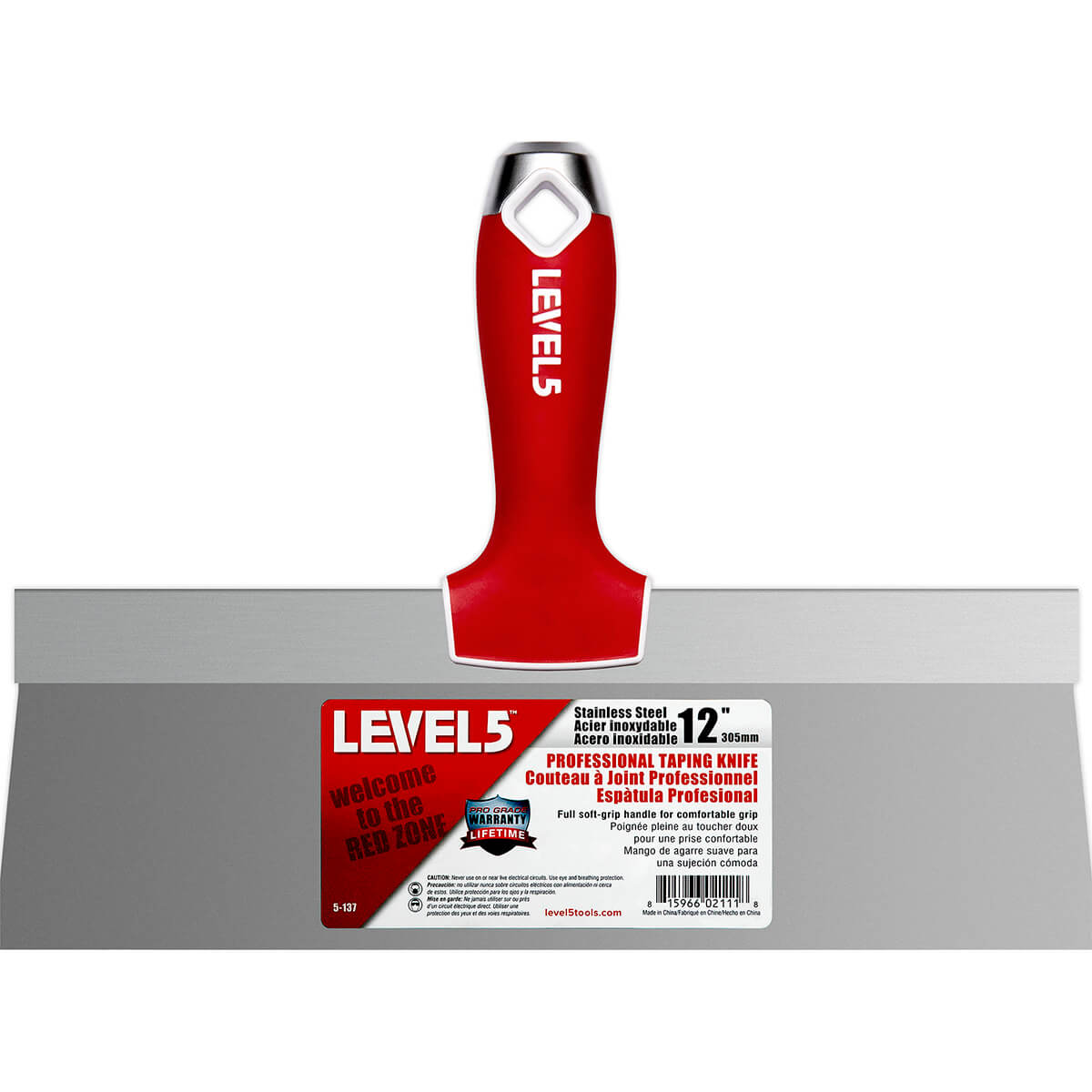 12-inch Level 5 Stainless Steel Taping Knife with steel blade, red soft-grip handle, metal hammer end, and hang hole