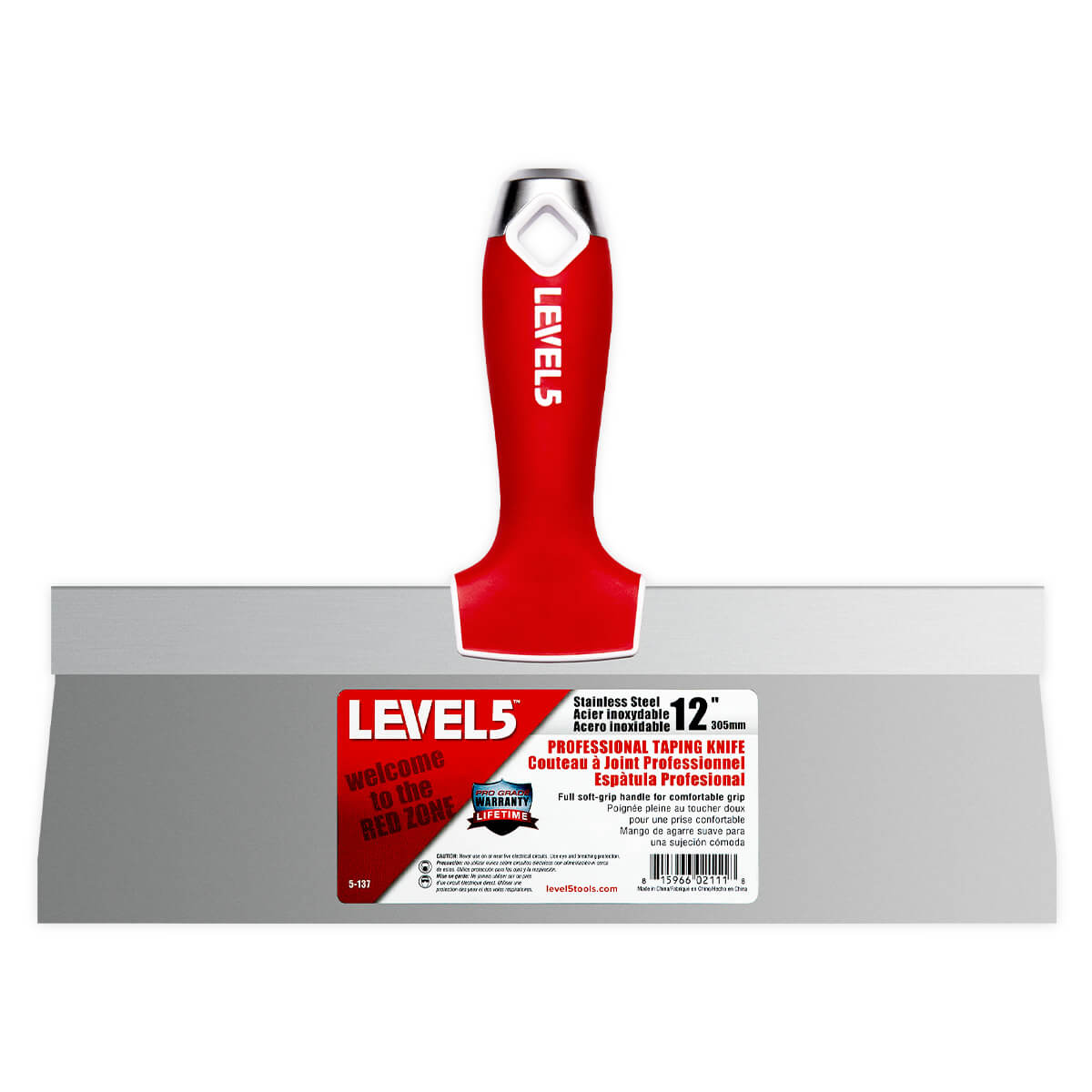 12-inch Level 5 Stainless Steel Taping Knife with steel blade, red soft-grip handle, metal hammer end, and hang hole