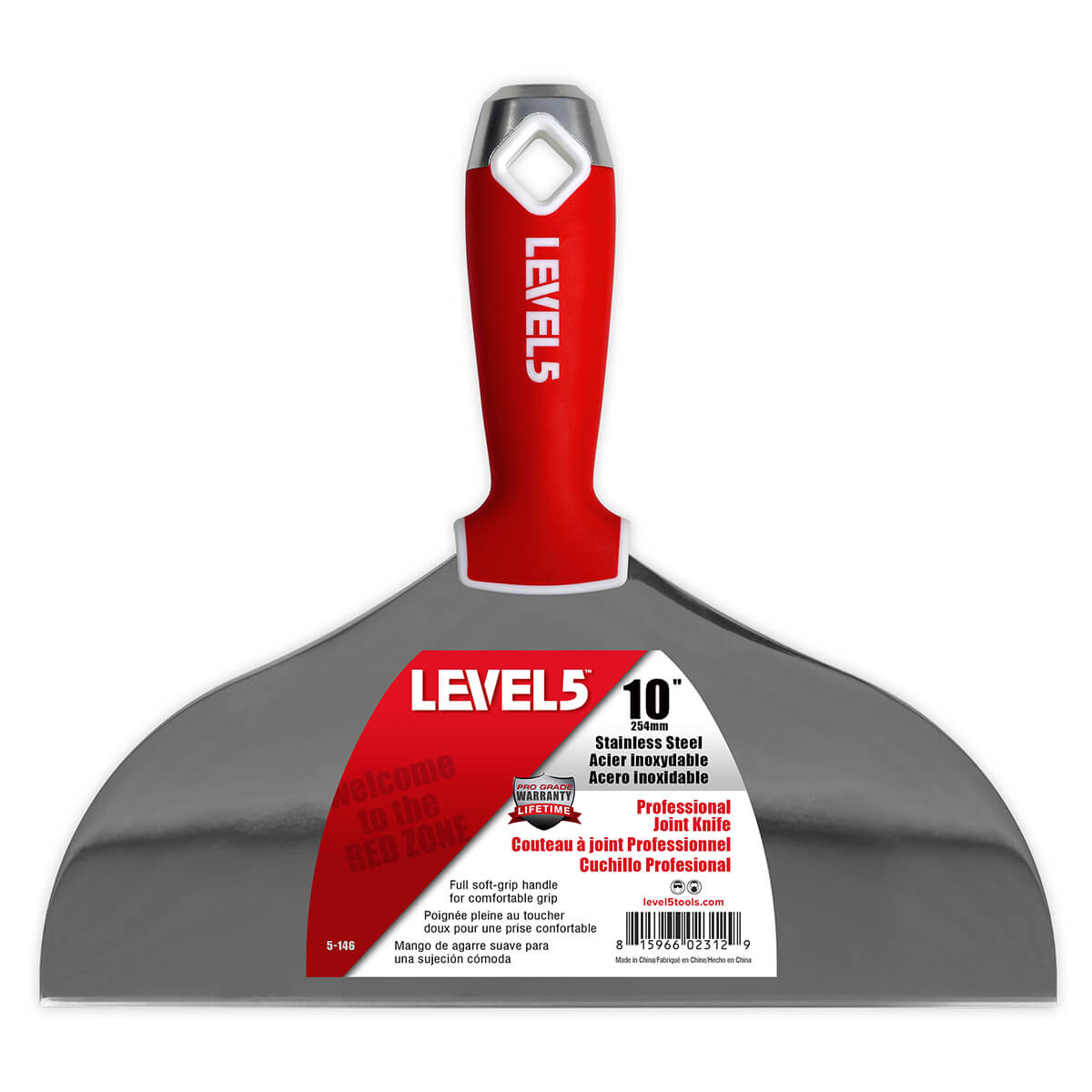 10-inch Level 5 Stainless Steel Joint Knife with steel blade, red soft-grip handle, metal hammer end, and hang hole