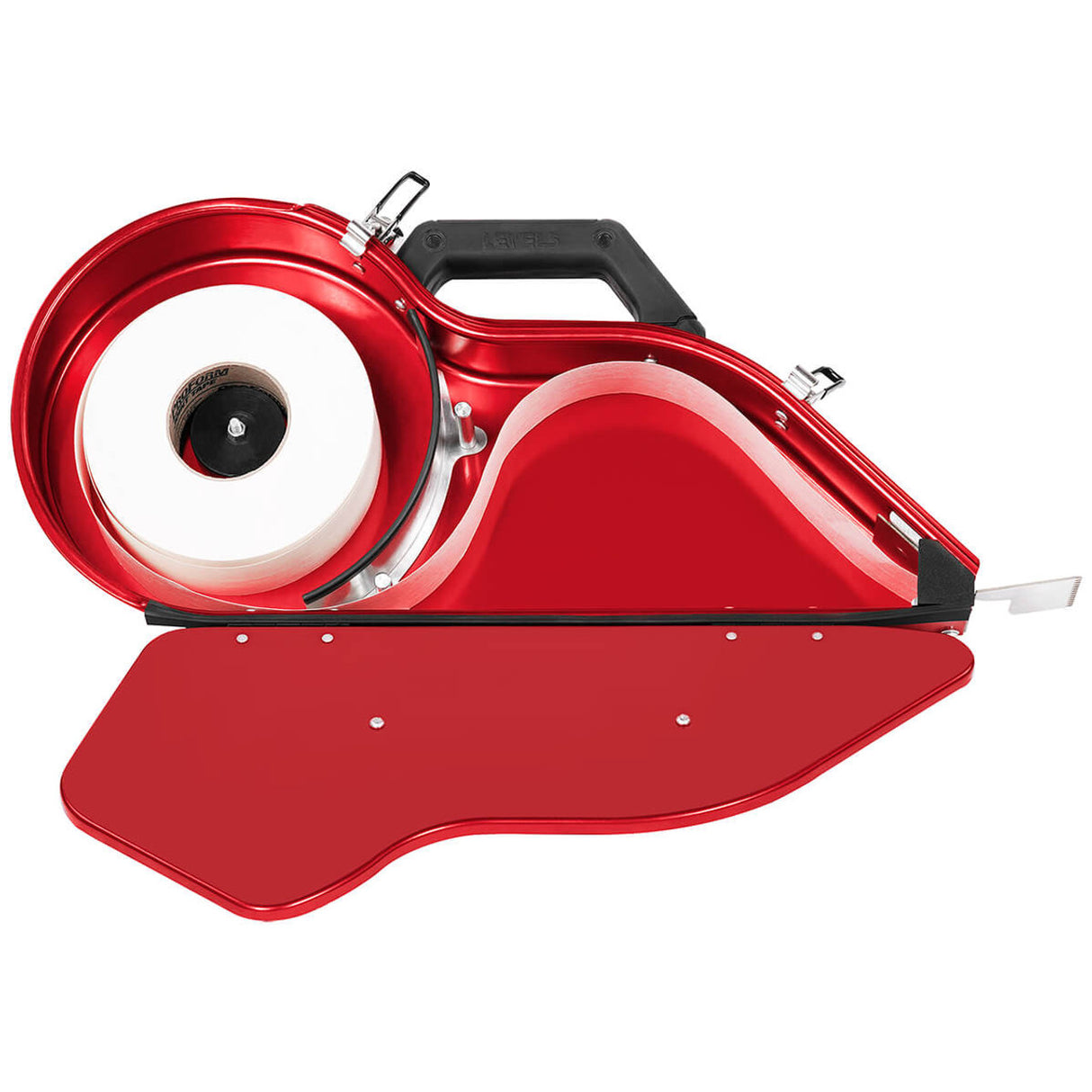 Open Level 5 Semi-Automatic Drywall Banjo with red aluminum body and soft-grip top handle with tape inside tape roll holder