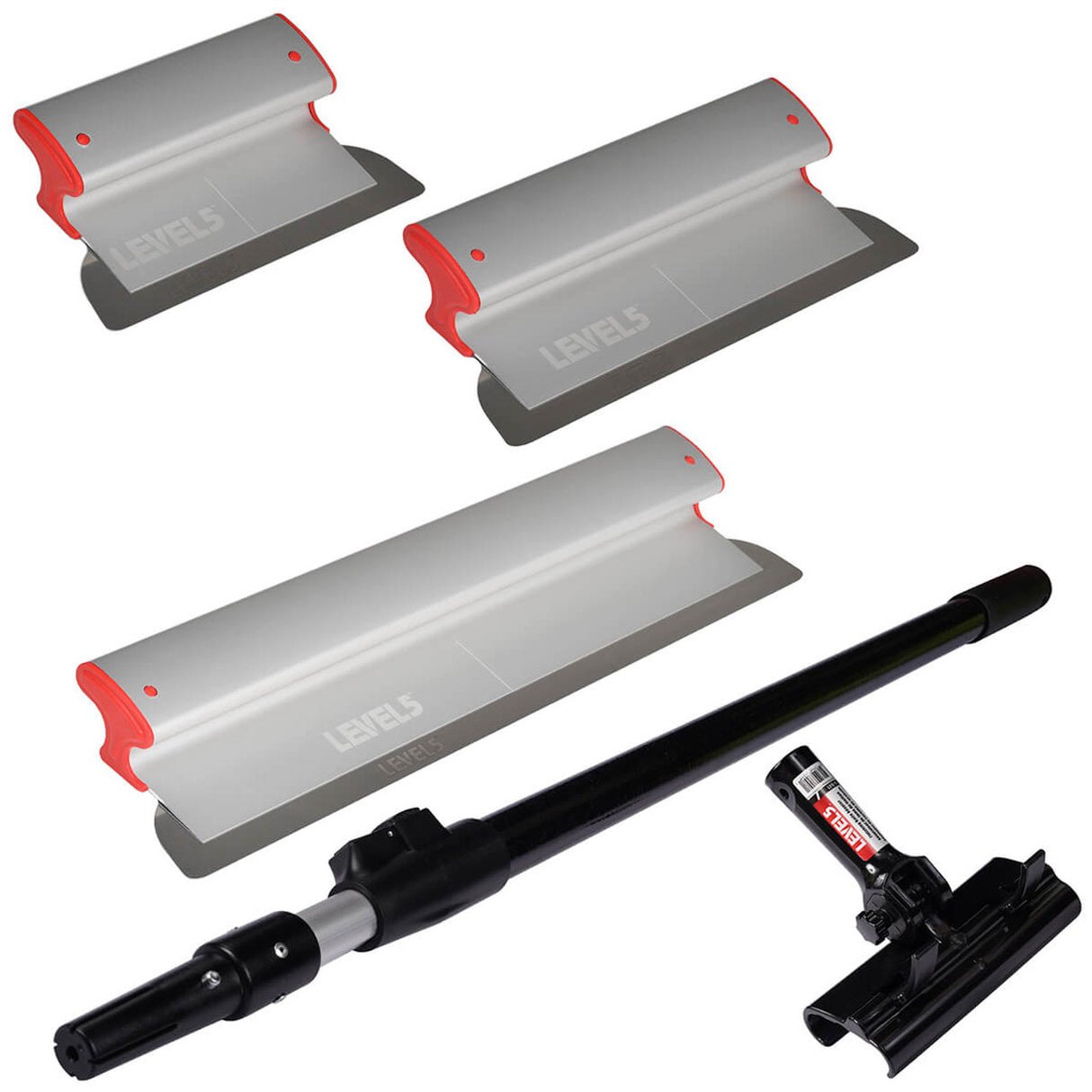 Level 5 Skimming Blade Set including 10-inch, 16-inch, and 24-inch blades, featuring red composite end caps and a grey plastic body