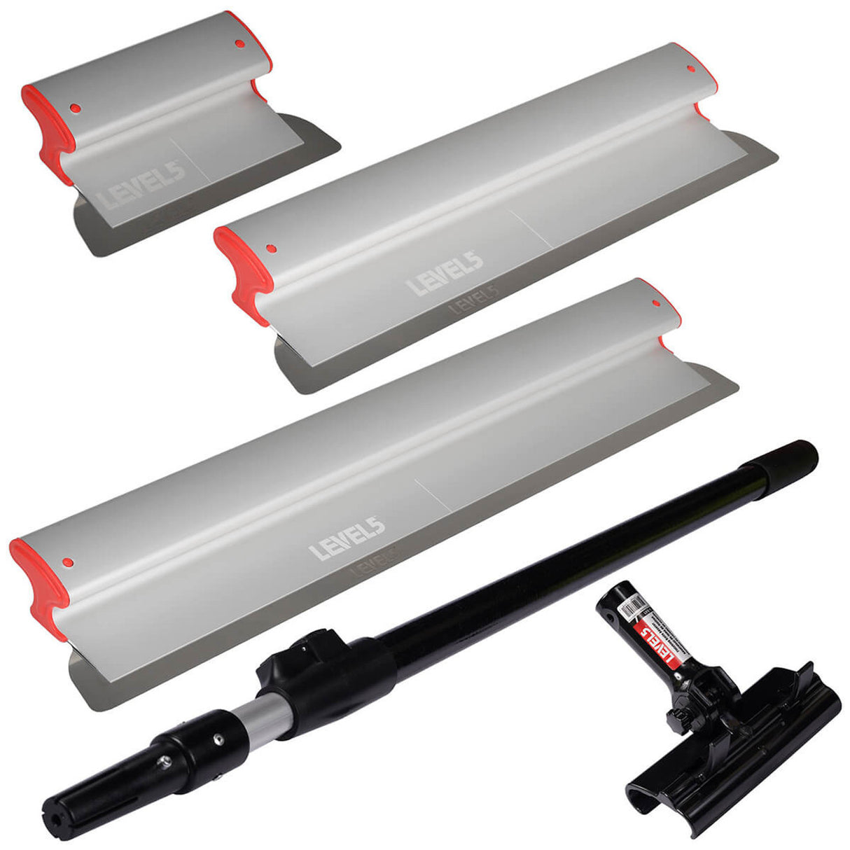 Level 5 Skimming Blade Set including 10-inch, 24-inch, and 32-inch blades, featuring red composite end caps and a grey plastic body
