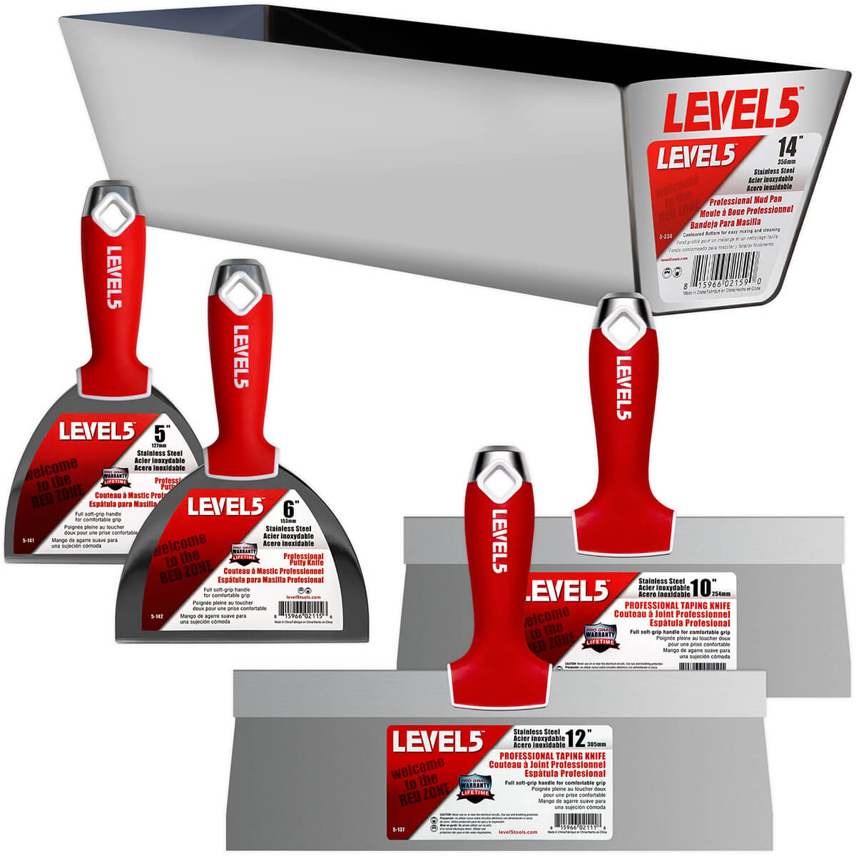 Level 5 hand tool set including, 5-inch and 6-inch joint knives, 10-inch and 12-inch taping knives, and a 14-inch mud pan