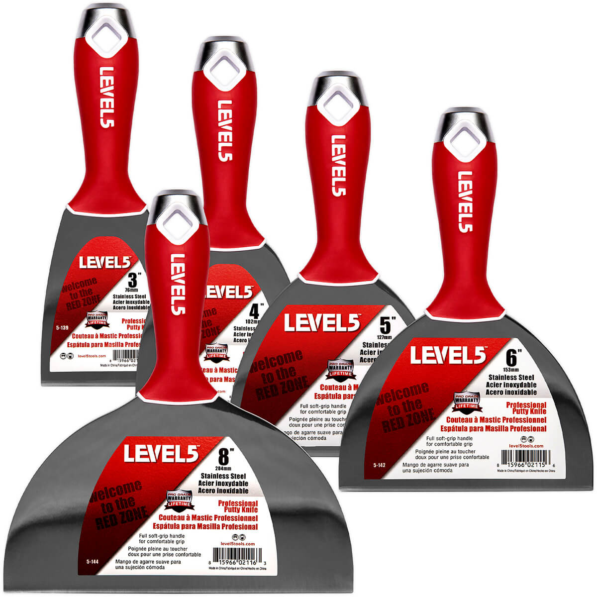 Level 5 hand tool set including, 3-inch, 4-inch, 5-inch, 6-inch, and 8-inch joint knives