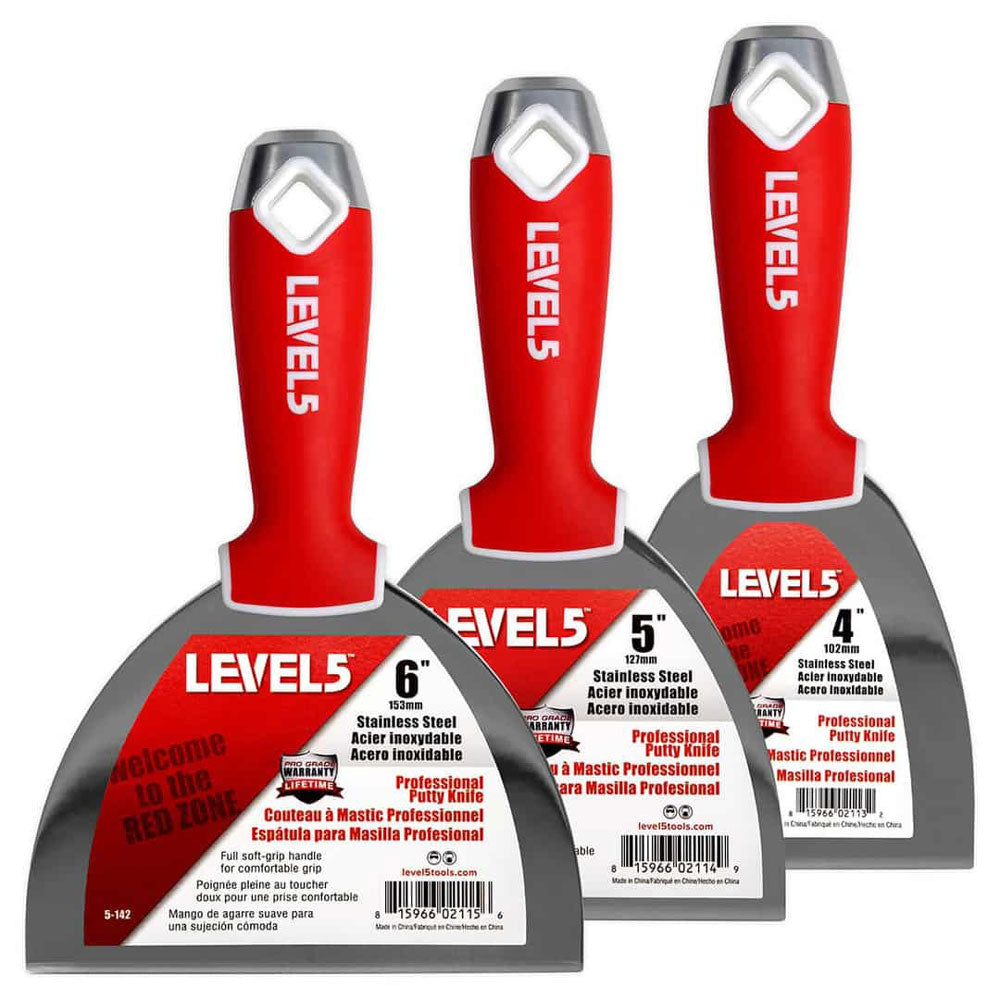 Level 5 hand tool set including 4-inch, 5-inch, and 6-inch joint knives with stainless steel blades and red-soft grip handles