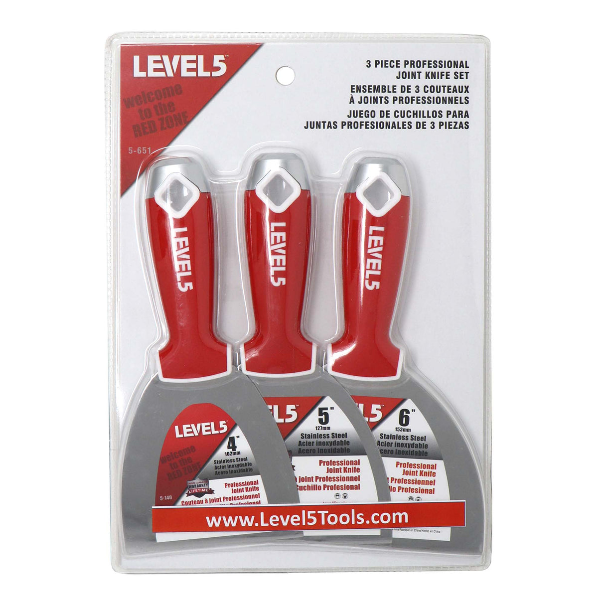 Level 5 hand tool set including 4-inch, 5-inch, and 6-inch joint knives with stainless steel blades and red-soft grip handles
